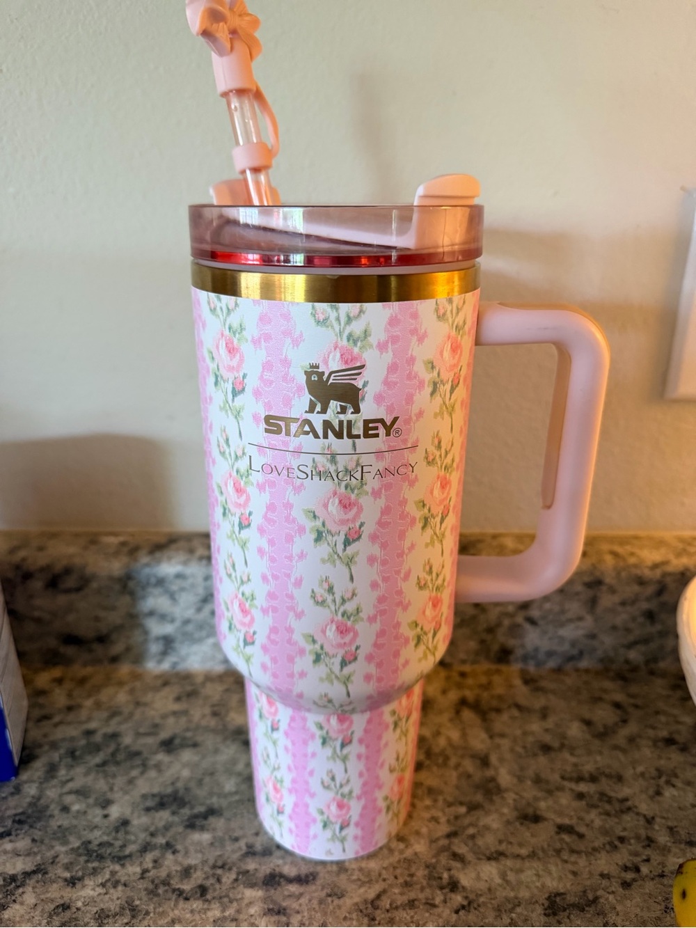 Stanley Pink Floral Travel Mug with Gold Accent